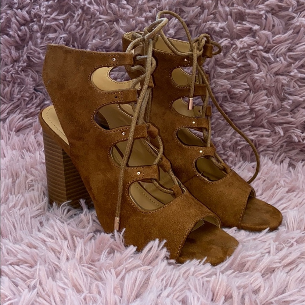 Suede tie up chunky heels